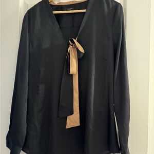 Ann Taylor Black Blouse with Tan Bow Accent